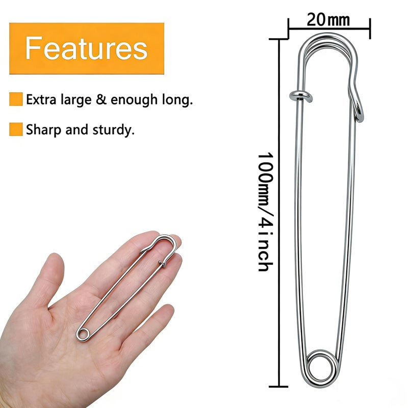 BESTCYC 10pcs Silver Safety Pins Extra Large 100mm x 20mm Heavy Duty Safety Pins for Blankets, Skirts, Kilts, Knitted Fabric,Crafts - Image 3